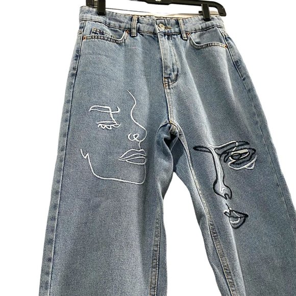Abstract Non-Brand Denim Jeans with Embroidered Faces 28 - Picture 3 of 4